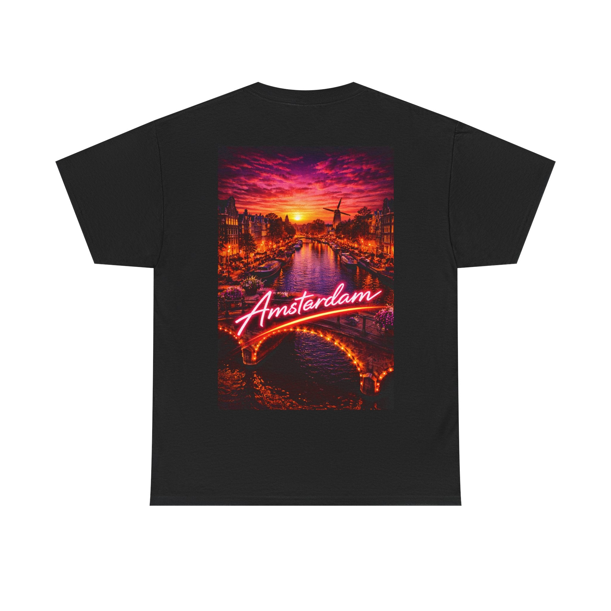 Amsterdam Neon Sunset T-Shirt — Retro Cityscape Tee