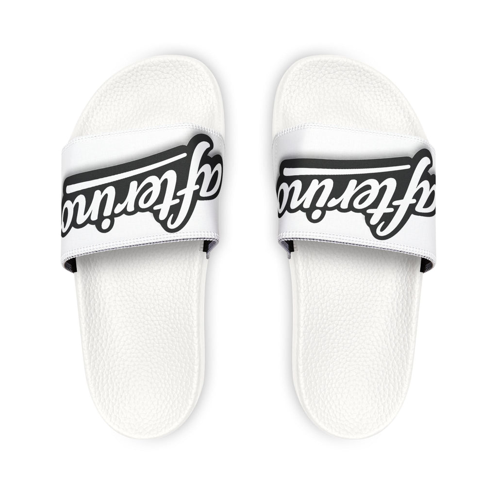 Slide Sandals — White Removable-Strap Athletic Slides with Script Logo