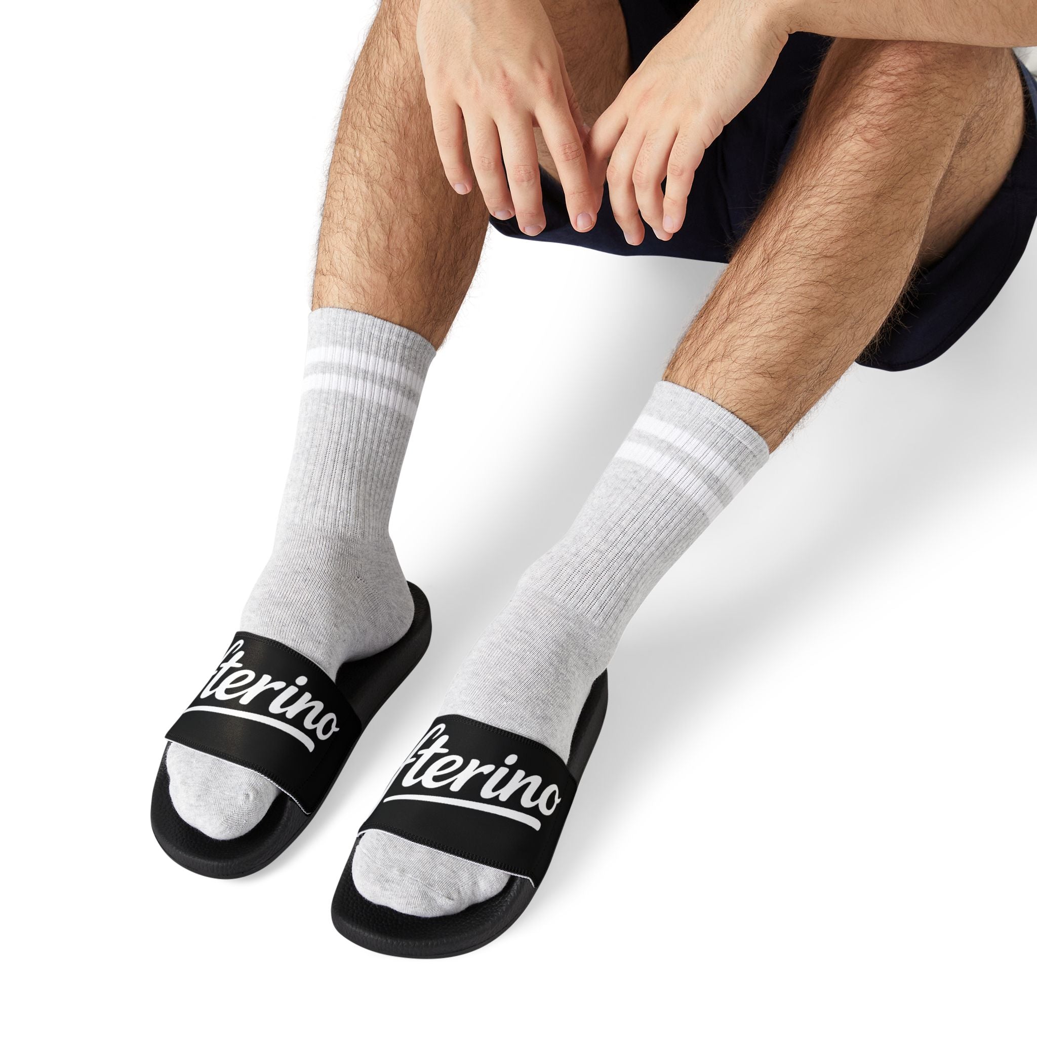 Slide Sandals — White Removable-Strap Athletic Slides with Script Logo
