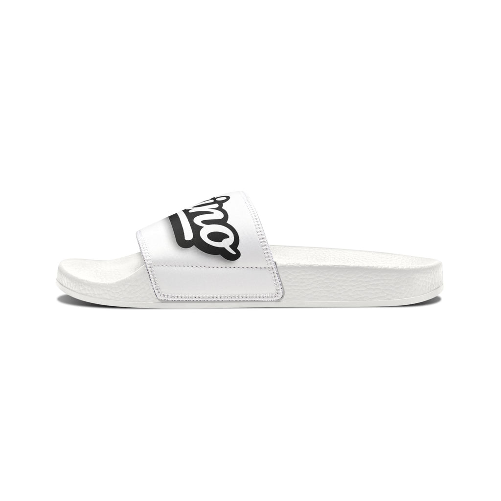 Slide Sandals — White Removable-Strap Athletic Slides with Script Logo