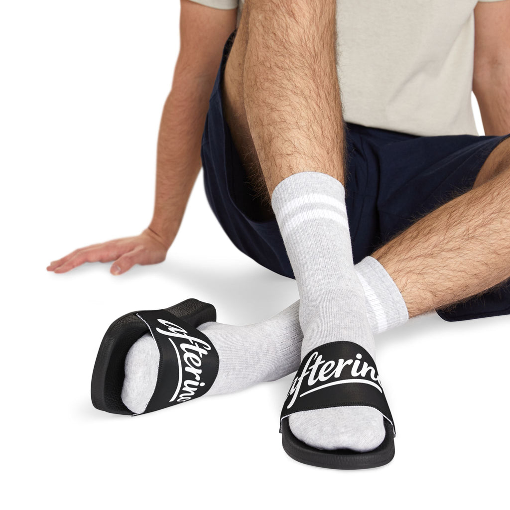 Slide Sandals — White Removable-Strap Athletic Slides with Script Logo