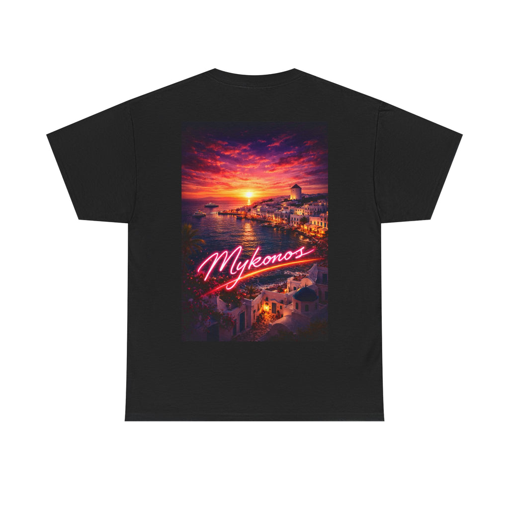 Mykonos Neon Sunset T-Shirt — Retro Cityscape Tee