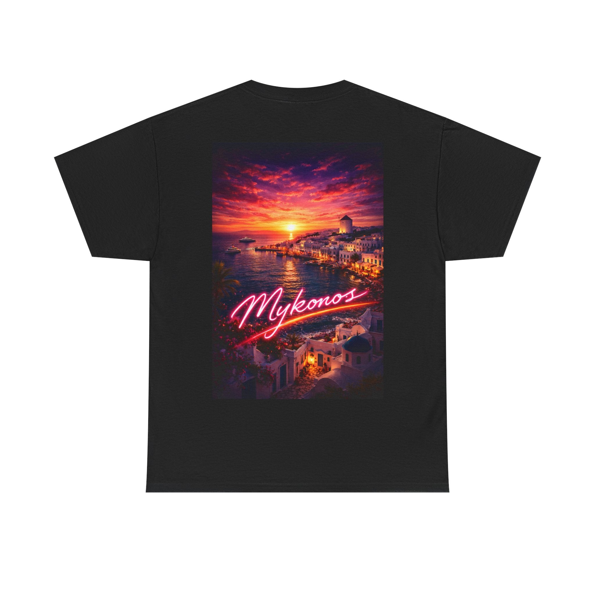 Mykonos Neon Sunset T-Shirt — Retro Cityscape Tee