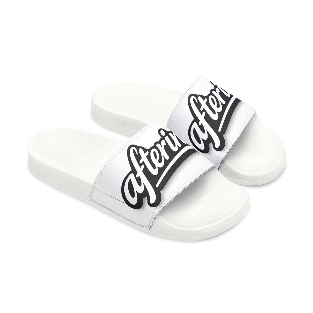 Slide Sandals — White Removable-Strap Athletic Slides with Script Logo