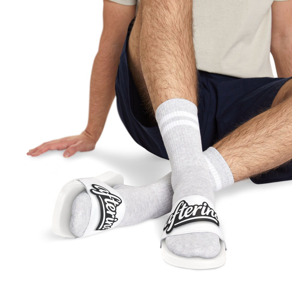Slide Sandals — White Removable-Strap Athletic Slides with Script Logo